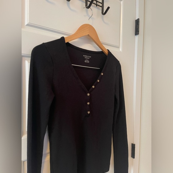 American Eagle Long Sleeve Henley T-Shirt | Black | M - Picture 3 of 7